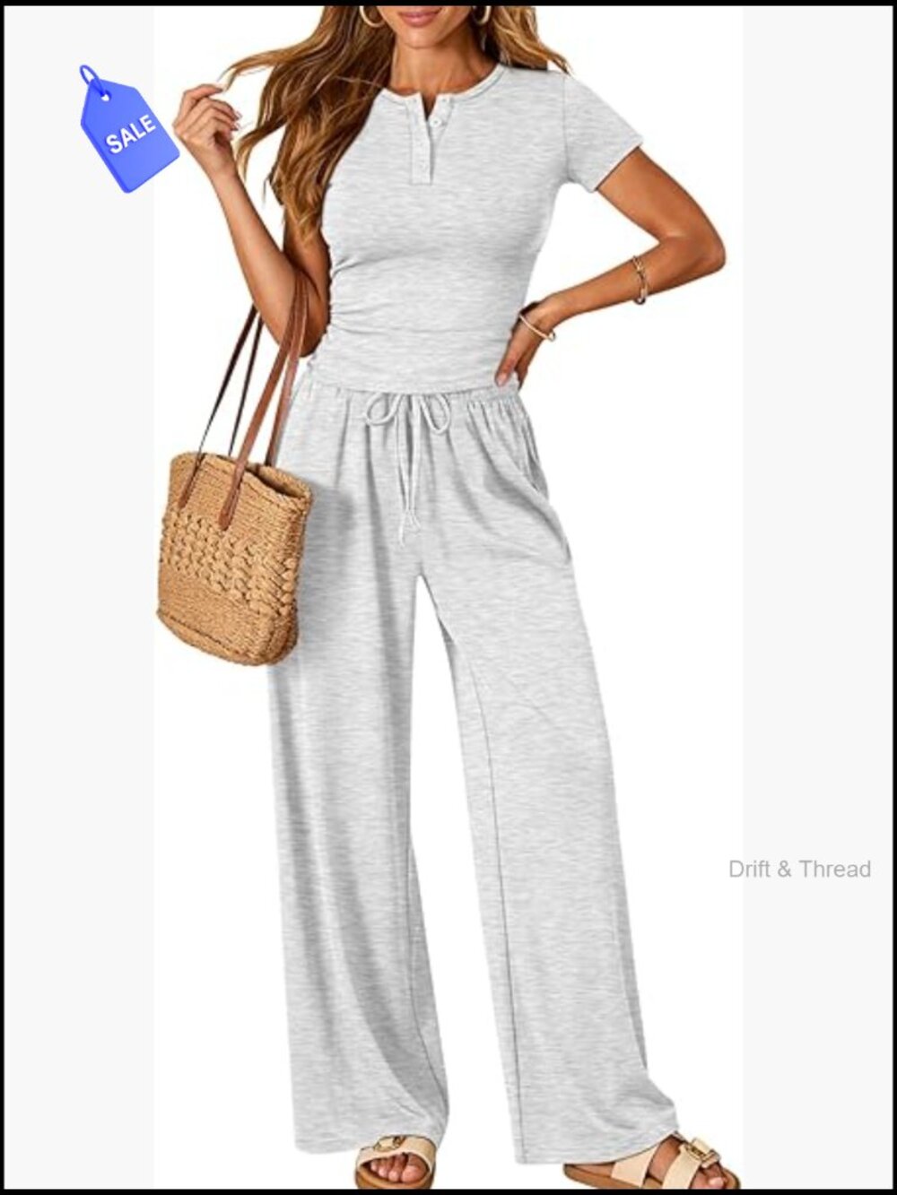 Rayon Spandex Lounge Set Wide Leg Pants Henley Top Medium